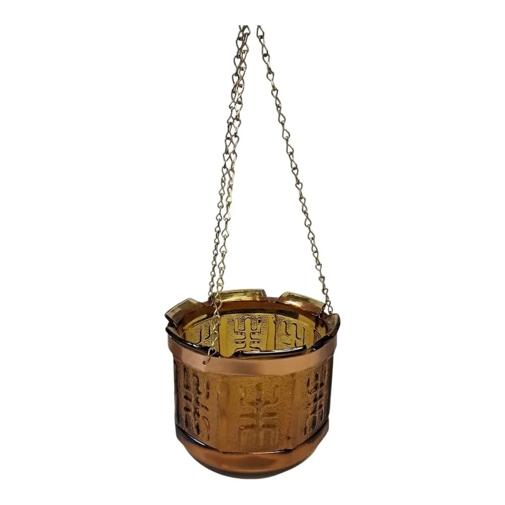 Vintage 1970's Princess House Amber Glass Hanging Planter Candle Holder
